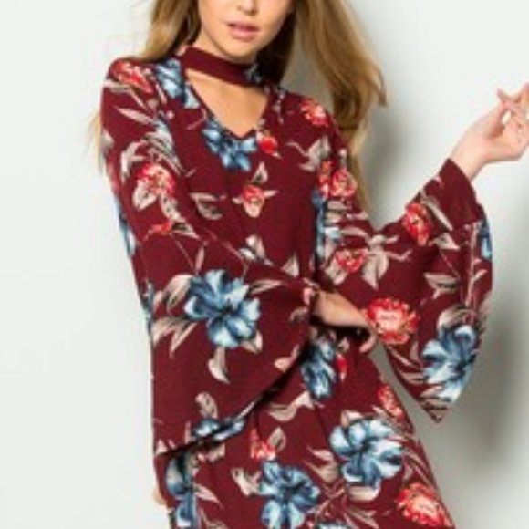 Lulu's Mini Dress Bell Sleeve Floral Keyhole Ruby Red Floral Boho Chic NWT MED - Picture 1 of 11